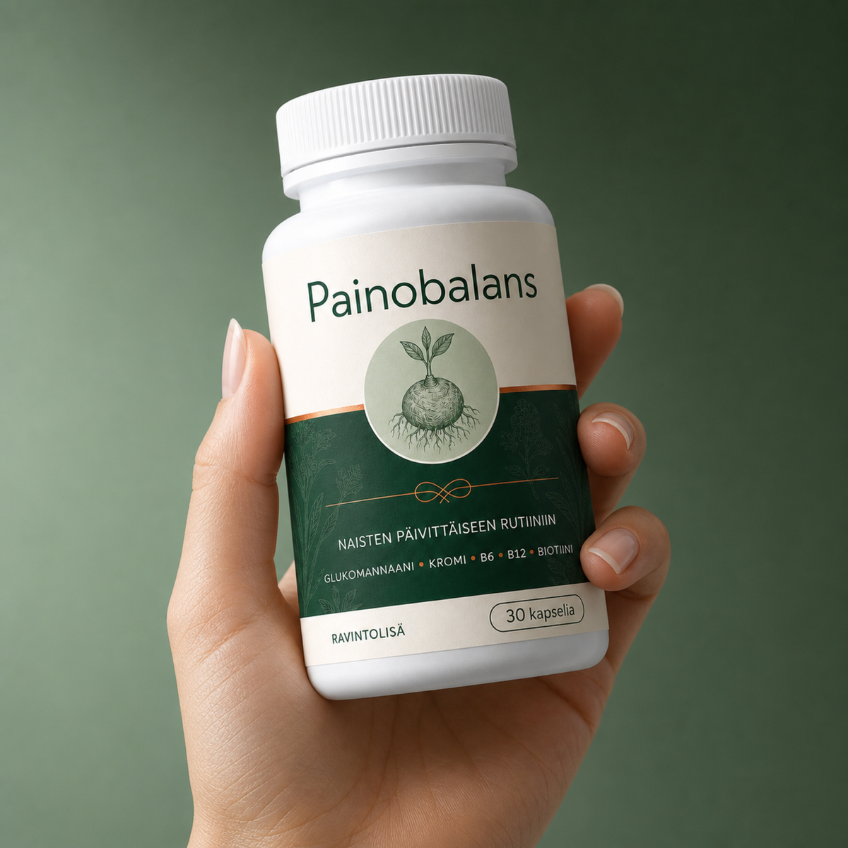 Painobalans-ravintolisä kädessä, 30 kapselia