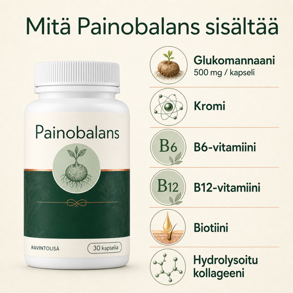 Painobalans-ravintolisän ainesosat ja 500 mg glukomannaania kapselia kohti